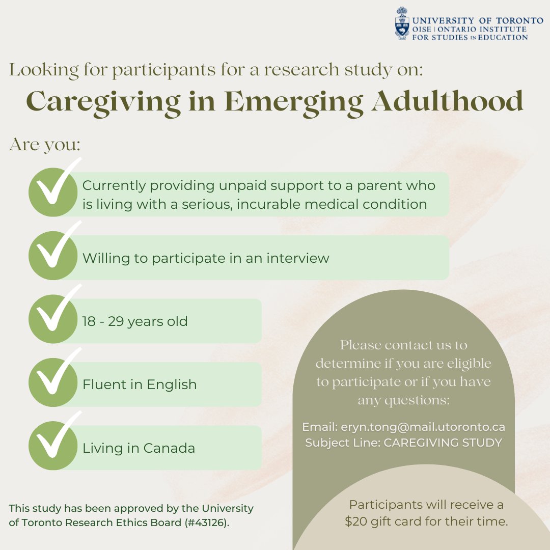 Looking for people who are caring for a parent living with a serious, incurable medical condition for a research study supervised by <a href="/DrAbbyGoldstein/">Dr. Abby L Goldstein</a> <a href="/APHDatOISE/">OISE - Applied Psychology & Human Development</a> <a href="/OISEUofT/">OISEUofT</a>. Involves a 1:1 interview (~60 mins). Reach out if you are interested👇 #caregivers #emergingadults