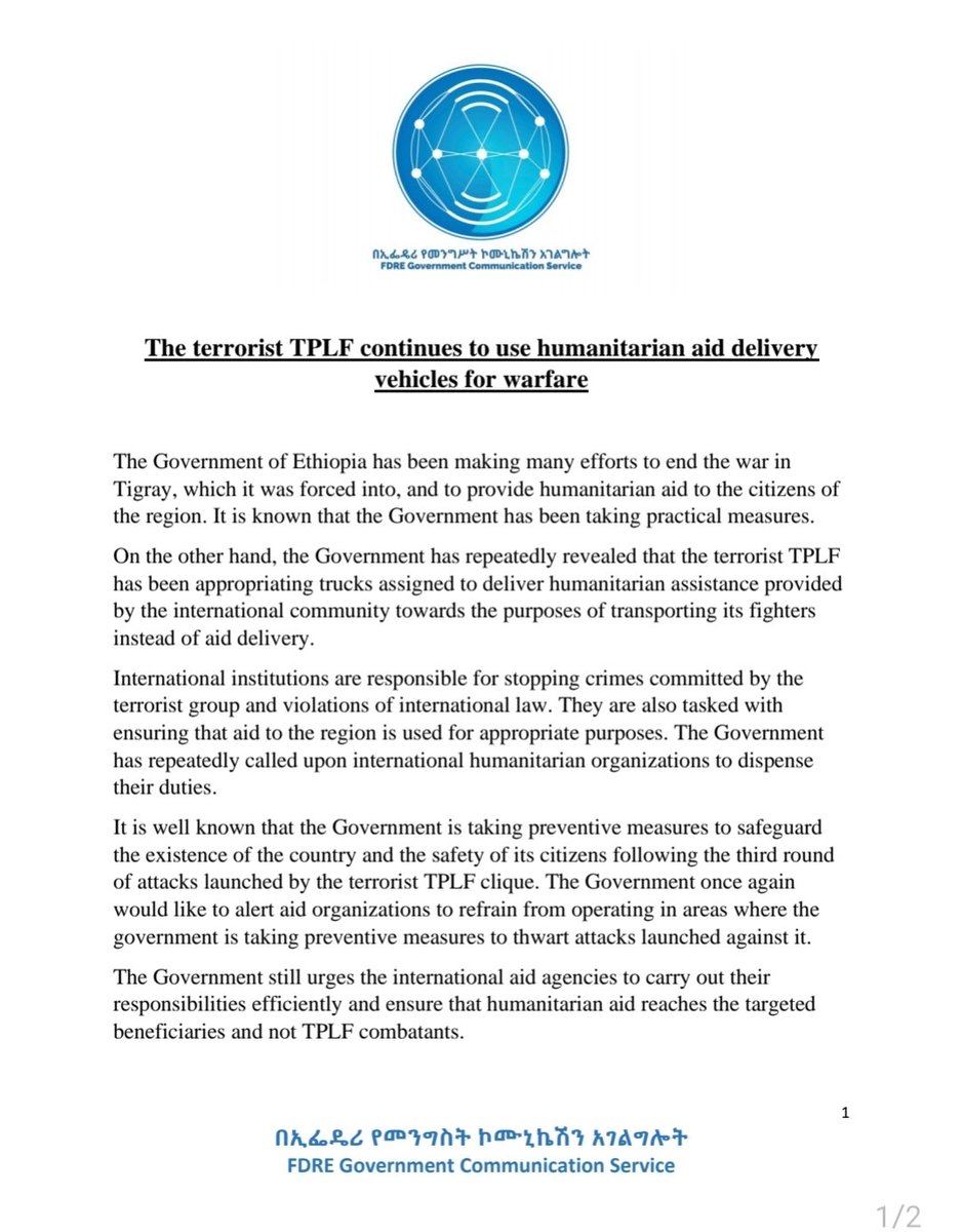 FdreService's tweet photo. The terrorist TPLF continues to use humanitarian aid delivery vehicles for warfare.
A statement by Government Communication Service on current affairs https://t.co/8JB8nbTp9v