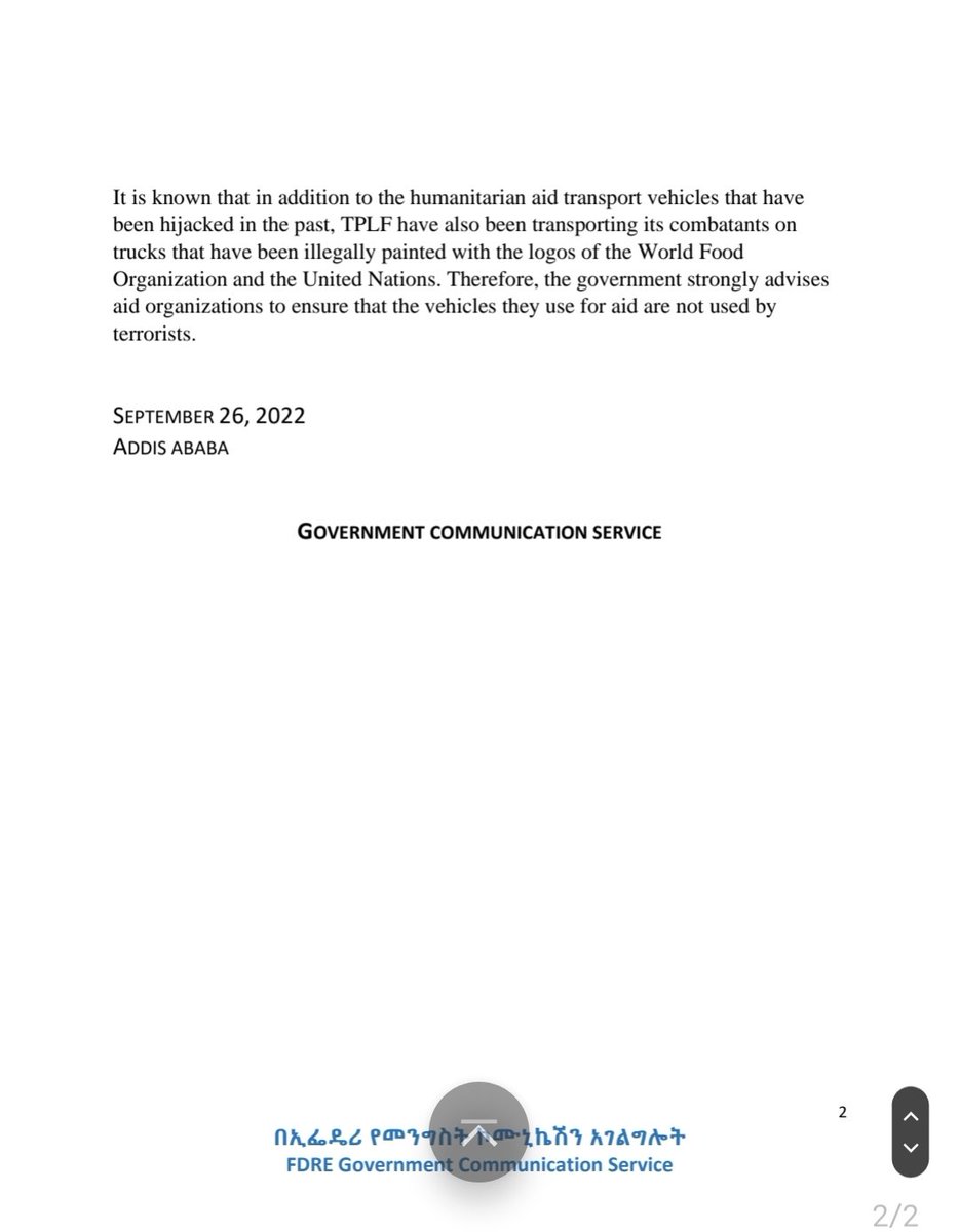 FdreService's tweet photo. The terrorist TPLF continues to use humanitarian aid delivery vehicles for warfare.
A statement by Government Communication Service on current affairs https://t.co/8JB8nbTp9v