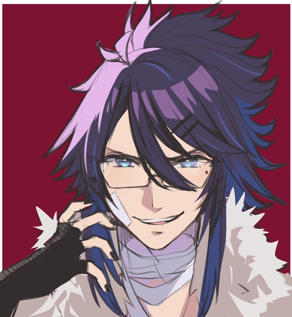 glasses blue eyes male focus solo 1boy blue hair bandages  illustration images