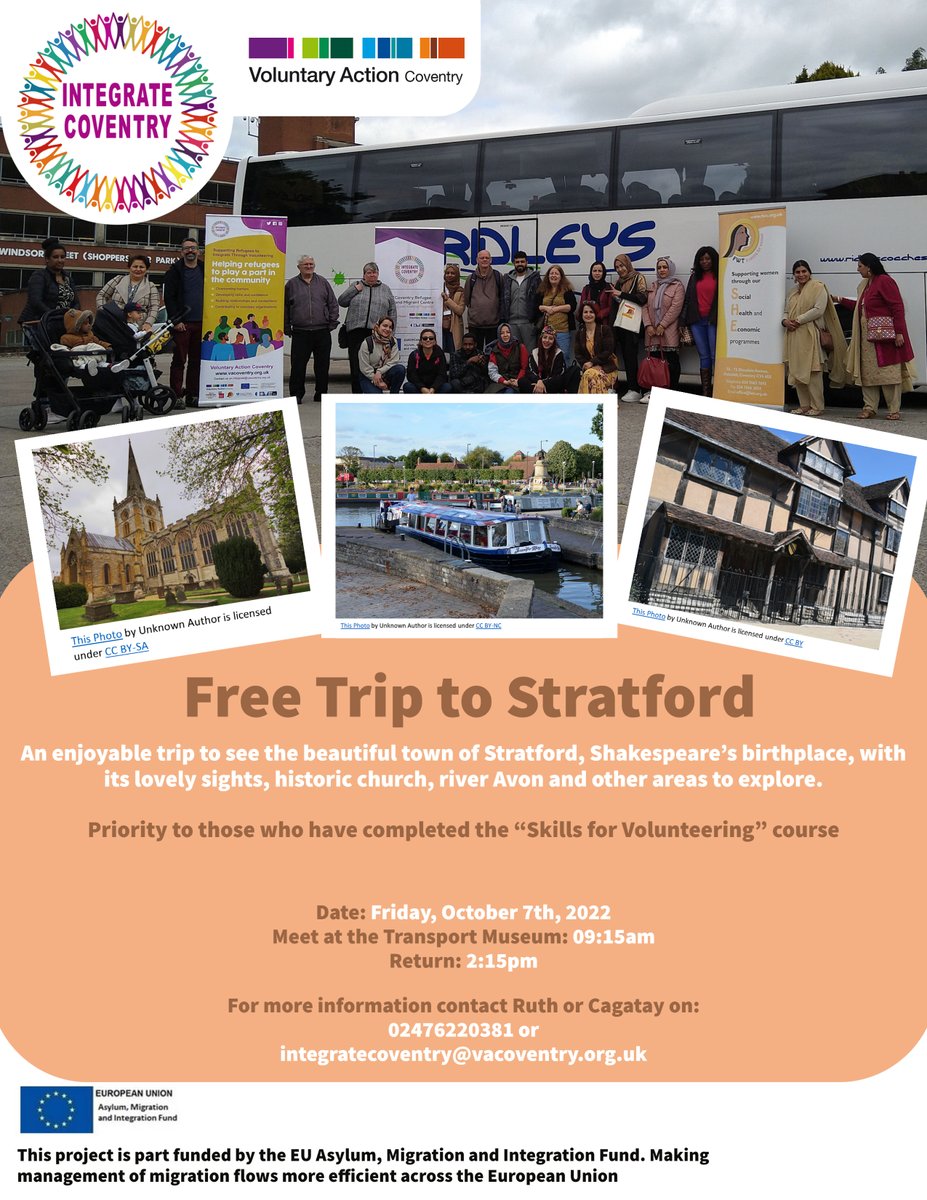 WATCHCHARITY's tweet photo. Free trip to Stratford with VAC (Voluntary Action Coventry) as part of their Integrate Coventry programme!
#community #support #VAC #volunteering #Stratford #Coventry #IntegrateCoventry https://t.co/VzzqtYp99u