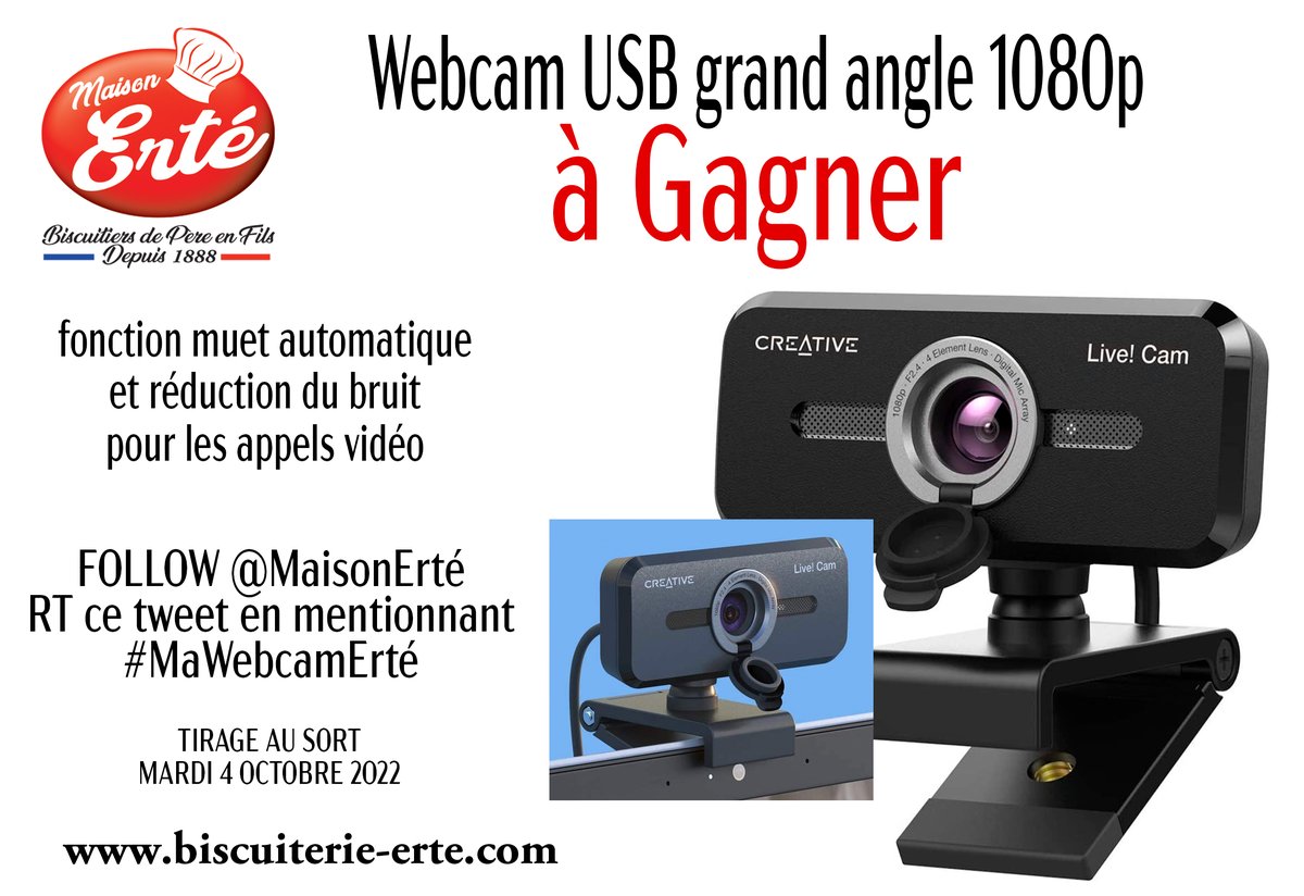 MaisonErte's tweet photo. NOUVEAU concours Les Petits Gourmands !😍
Tentez de remporter notre Webcam 1080p
RT + FOLLOW @MaisonErte
et commentez avec le hashtag #MaWebcamErté
Tirage au sort Mardi 4 Octobre 2022, bonne chance à tous !🍀🍀🍀 https://t.co/V3mTAV5MKE