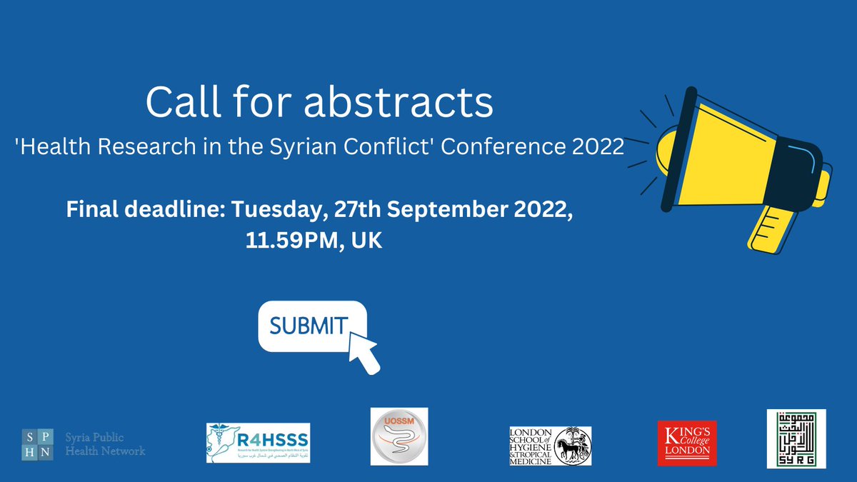 ⏰⏰ Final call to submit #abstracts for the #Research for #Health in the #Syrian #Conflict’ conference by midnight tomorrow! Submit here: bit.ly/3CbKf2k