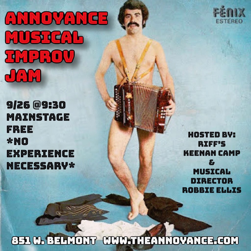 RIFF: Chicago’s Music Improv Party (@riffimprov) on Twitter photo It’s the last Monday of the month! That means it’s time for the Annoyance Musical Improv Jam! Hosted by Keenan Camp and MD’d by Robbie Ellis. 9:30pm/$Free.99/No Experience Necessary 🥁🎹🥁 #AMIJAM #musicalimprov #musical #improv #comedy #chicagoimprov #chicagocomedy #chicagomusic It’s the last Monday of the month! That means it’s time for the Annoyance Musical Improv Jam! Hosted by Keenan Camp and MD’d by Robbie Ellis. 9:30pm/$Free.99/No Experience Necessary 🥁🎹🥁 #AMIJAM #musicalimprov #musical #improv #comedy #chicagoimprov #chicagocomedy #chicagomusic
