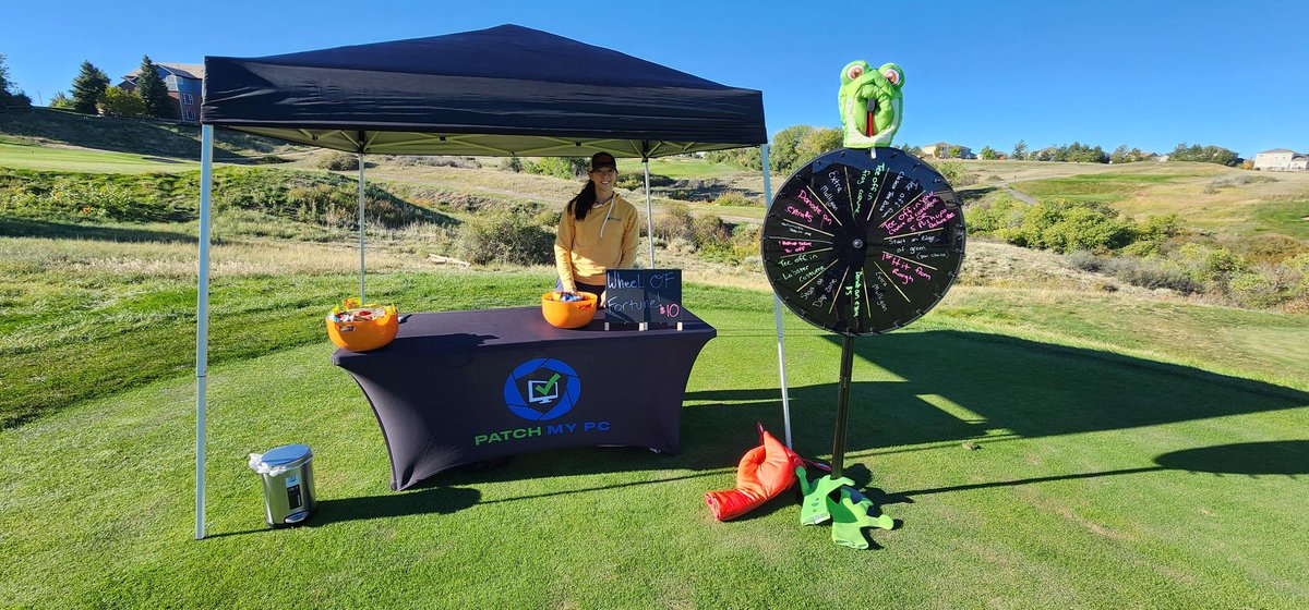 PatchMyPC's tweet photo. The famous wheel from #MMSMOA is making an appearance at a hockey charity event we're sponsoring today on the course 😍 Unlike at @mmsmoa players might not be so lucky! An unlucky spin could get them a tee off in the rough, or... in a Lobster costume 🦞⛳️ #PatchMyPC #giveback https://t.co/4mrdYfi81p