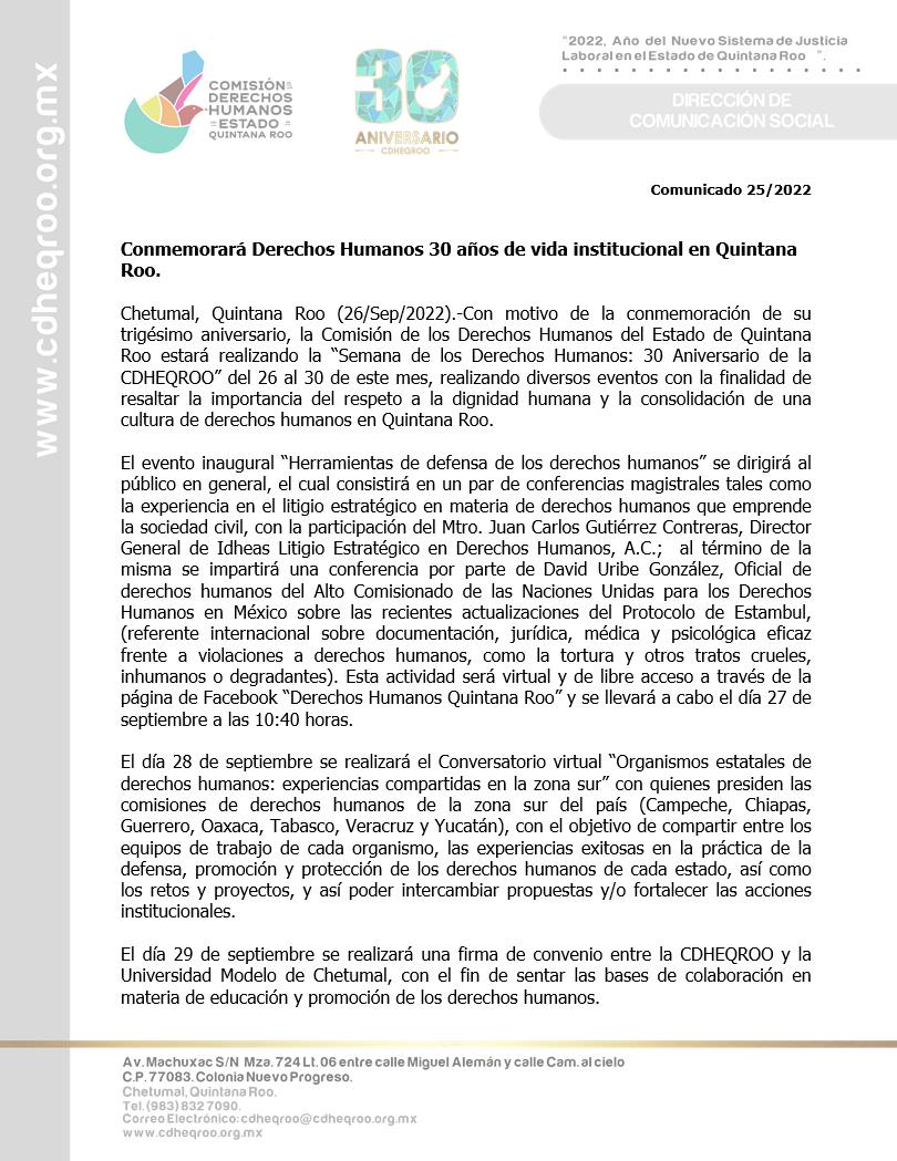 cdhqroo's tweet photo. COMUNICADO: Conmemorará Derechos Humanos 30 años de vida institucional en Quintana Roo. Para ver el contenido completo, visitar la siguiente liga: https://t.co/hF3MH6K5kD https://t.co/XaeOxxyzjc