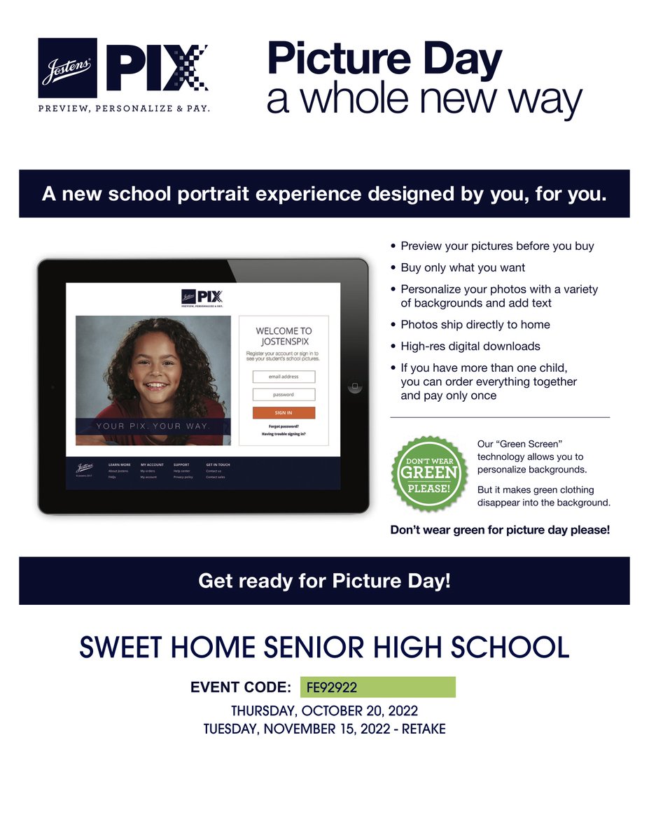 PrincipalSHHS's tweet photo. School Picture Day has been rescheduled for Thursday, Oct 20th. Students will get their photos taken during their English classes. Retakes will be held Tuesday, Nov 15. All orders are done online through the JPIX website, no payment or orders are due day of. See form attached. https://t.co/8b84tahiWd