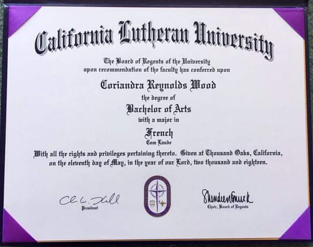 CoriandraW's tweet photo. Congratulations, I received my degree in the mail on July 20, 2018 from #callutheran! I have a #BachelorsofArts in #French with #CumLaude. My minor, #psychology, is on my transcript. Thank you everyone for helping me out throughout this journey! π©πΌβππ π«πππππ«π·π§ π¬ https://t.co/idnWHYWI5g