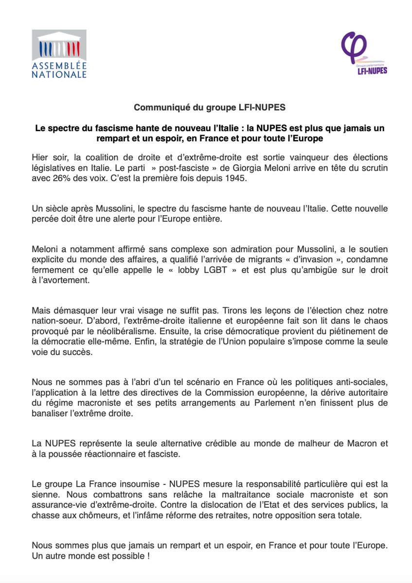 FiAssemblee's tweet photo. 🔴 Le spectre du fascisme hante de nouveau l’Italie : la NUPES est plus que jamais un rempart et un espoir, en France et pour toute l’Europe.
Retrouvez notre communiqué sur le résultat des élections en #Italie ⤵️ https://t.co/qPmTRzzKDr