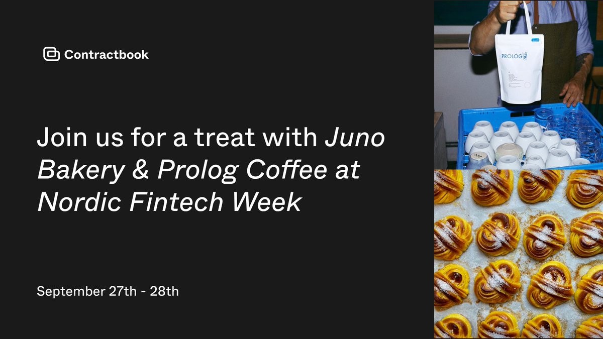 Missed us at @techbbq? You get another chance to speak with our team and enjoy treats from Juno Bakery and Prolog Coffee!

We have a booth at Nordic Fintech Week tomorrow and Wednesday.

Discover how to end contract chaos while you enjoy a cardamom bun and a cup of coffee on us.