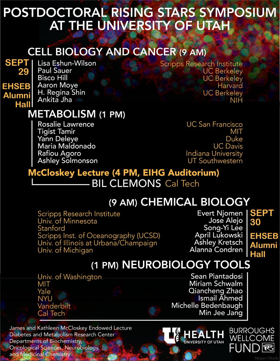 We're excited to meet these outstanding scientists and welcome them to Utah this week! @UofUBiochem @UUHSResearch @UUNeurobiology @UofUDMRC @huntsmancancer @uofupharmacy @clemonslab @BWFUND