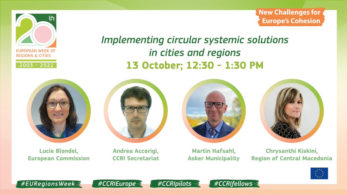 Meet our speakers for the "Implementing circular systemic solutions in cities and regions" session🏙️

They'll share their experience on how cities &amp; regions drive the #GreenTransition by implementing circular economy solutions.

#EURegionsWeek #CCRIEurope #CCRIpilots #CCRIfellows