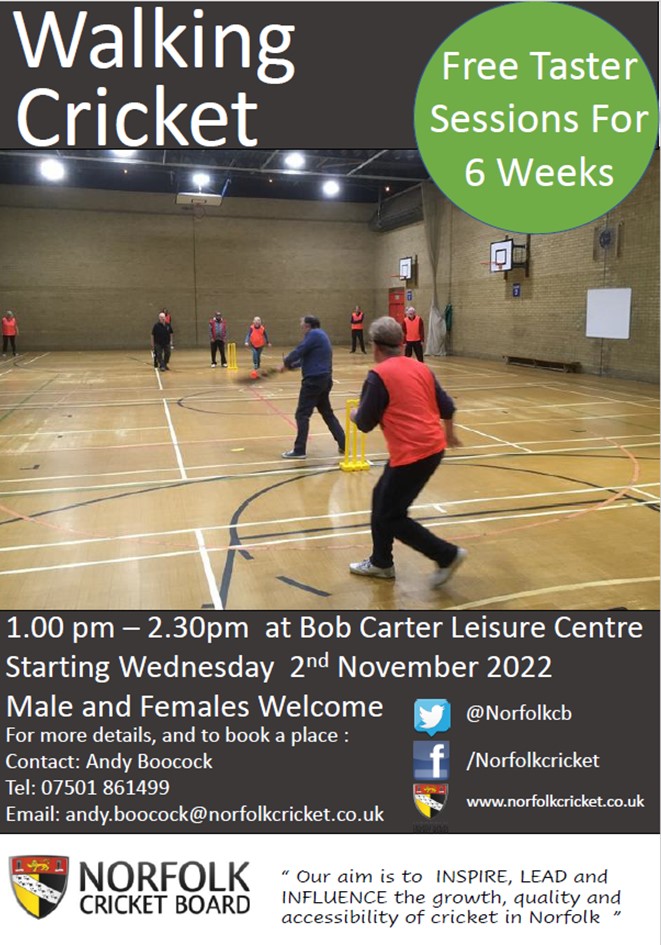 NorfolkCricket's tweet image. 📢 NEW Walking Cricket in Norwich – Starting in November 2022

When?: Wednesdays for 6 weeks
Start?: Wednesday 2nd November 2022
Time?: 1pm until 2:30pm
Location?: Bob Carter Leisure Centre, Drayton
Cost?: Free

Details &amp;amp; Bookings 🔗norfolkcricket.co.uk/new-walking-cr…