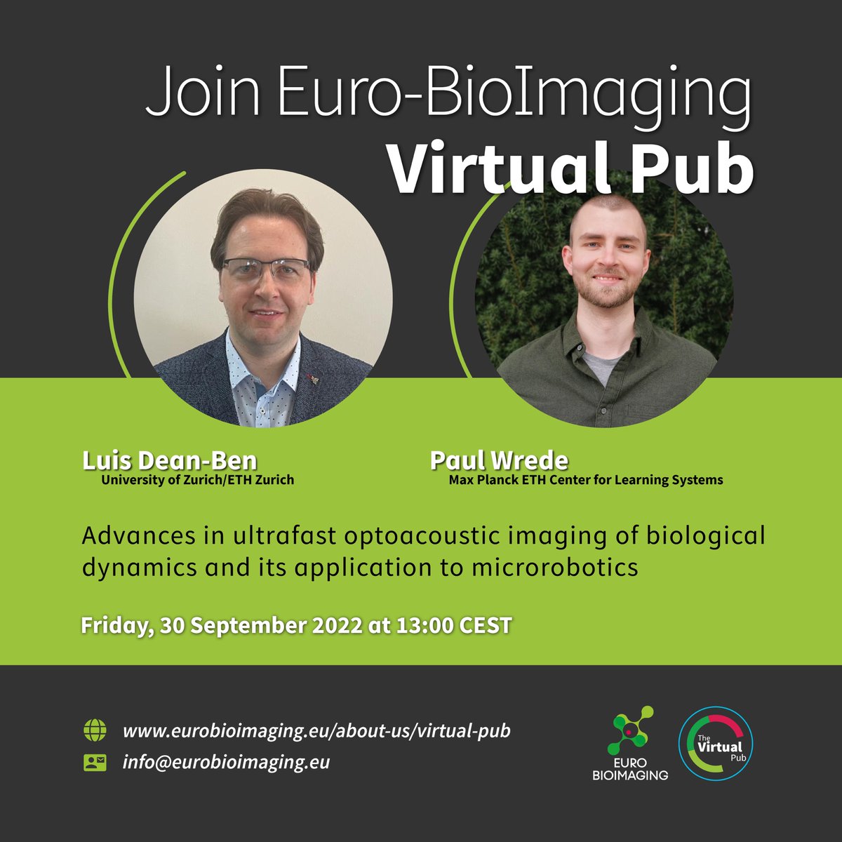 Tracking objects with optoacoustic imaging, following tumor cells and even #MicroRobots 🤖 in vivo!
Cool topic for our next #VirtualPub with @paul_wrede @ETH_en and Luis Den-Bean #MaxPlanck ETH Center for Learning Systems. All are welcome!⤵️
@MPI_IS
eurobioimaging.eu/about-us/virtu…