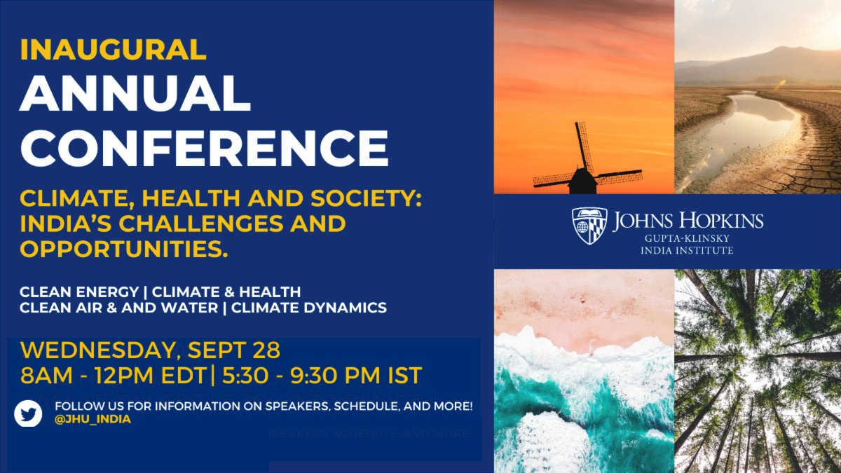 Join us Wednesday for Climate, Health and Society: India’s Challenges & Opportunities! @BenZaitchik is co-chairing our panel on #climateandhealth @JHUArtsSciences; @JHUEPS; @JohnsHopkins; @JohnsHopkinsAHW; @JohnsHopkins #healthandclimate 

REGISTER: bit.ly/3RU5fQm