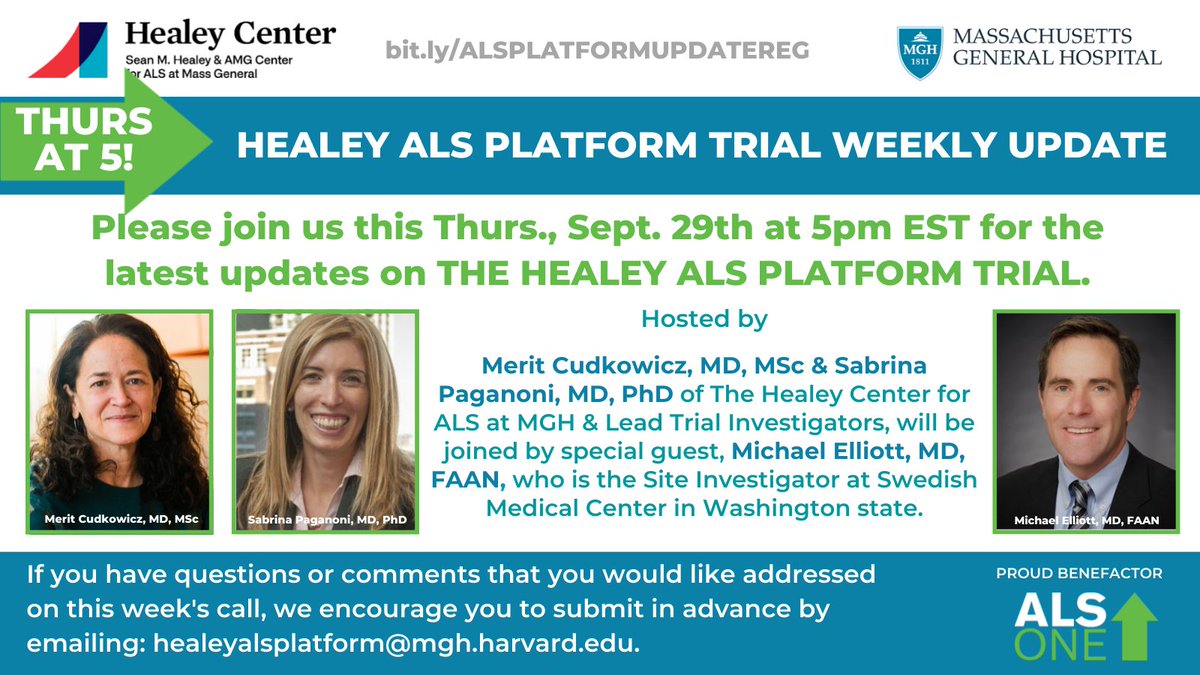 alsone_official's tweet image. This Thurs, 9/29 5pmET: Healey #ALSPlatformTrial latest updates w/Hosts @MeritCudkowicz &amp;amp; @PaganoniMDPhD of @MGHNeurology, who'll be joined by special guest, Michael Elliott MD, Site Investigator @ Swedish Med. Ctr, Washington state. #FreeReg@ bit.ly/ALSPLATFORMUPD…
#ALS #EndALS