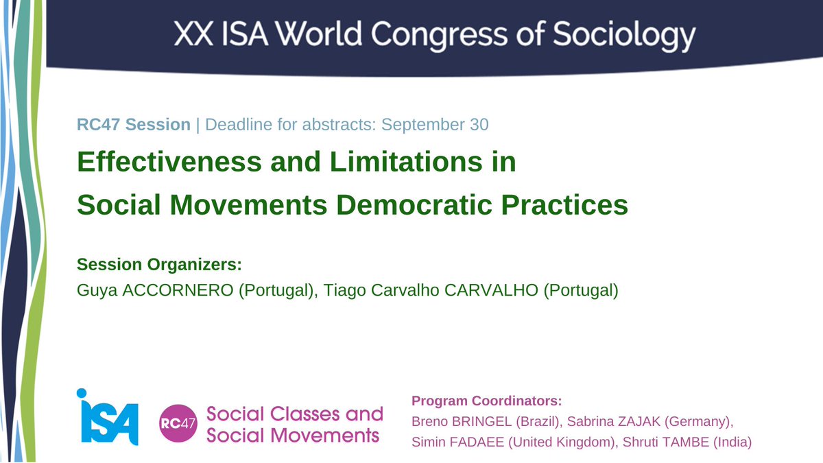open_Movements's tweet photo. @guyaaccornero and @TiagoMLCarvalho from @ISCTEIUL are organizing this wonderful session at the next @isa_sociology World Congress! 

Submit your abstract until this Friday 30 Sept:
https://t.co/MS9jRjZNkO

Join #ISA47! https://t.co/OXNJNfDEJ5
