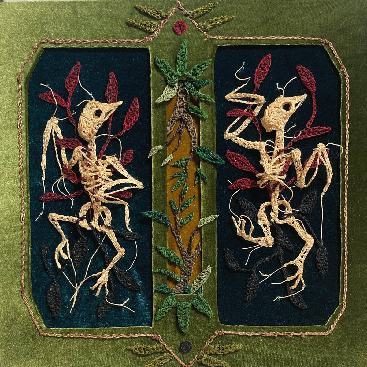 Some Monday morning doppelgängers from a dream. Been chippin away at it for a while. Its meaning keeps shifting. The plan is to make a large version of it, eventually.

ACAPWT (study). Crocheted cotton string, glue + velvet on wood. Headed to <a href="/mortal_gallery/">Mortal Machine Gallery</a> in New Orleans soon.