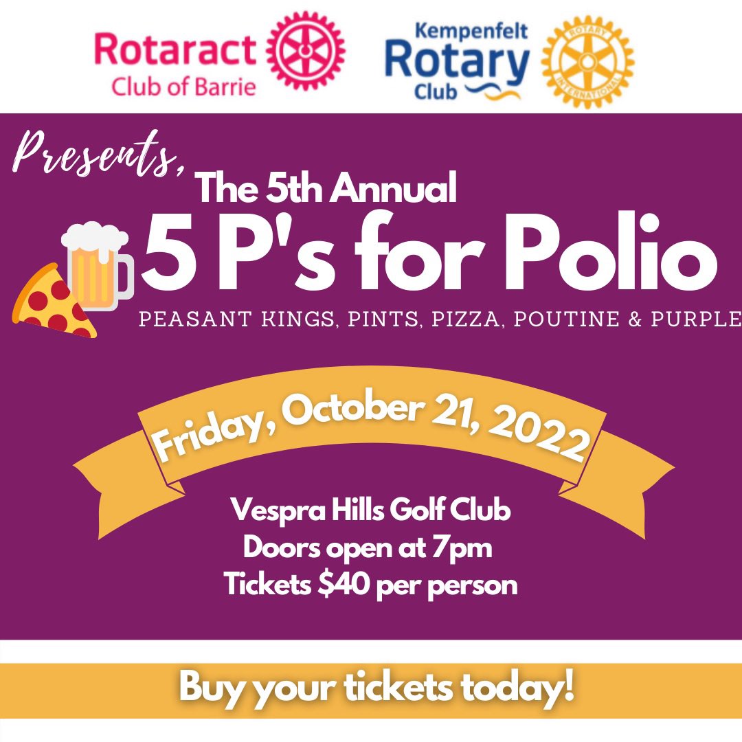 5 Ps for Polio! We can’t wait for October 21 at <a href="/vesprahillsgolf/">Vespra Hills Golf</a> for a night of entertainment from @peasantkingsband in support of ending polio! Buy your tickets today at kempenfeltrotary.ca/event/5-p-s-fo…