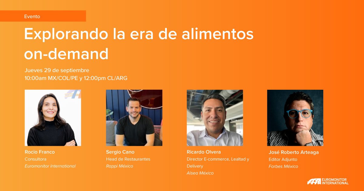 El próximo 29 de septiembre a las 10:00am CDT, Euromonitor International en compañía de un panel de expertos, liderará un evento virtual para entender el rol del delivery y los nuevos hábitos sociales 📱 

Regístrate gratis aquí: bit.ly/3BH5UhA