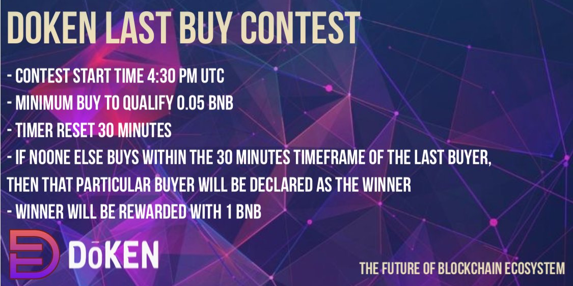 Chain0xs's tweet photo. #Doken has successfully launched now. We are having a last buy contest in few minutes time. Come join our community and participate. #Dokenchain #Crypto #BTC #ETH #Doken #100x #1000xgem 
#BSC #KYC #blockchains #community #competition #contest https://t.co/SMgYkPZj9S