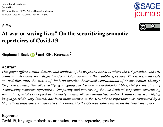 Elise Rousseau (@eliser0usseau) on Twitter photo 🎉 I'm happy to share that <a href="/StephaneBaele/">Stephane Baele</a> and I have just published a new open-access article for <a href="/IntRelationsJ/">International Relations @irjournal.bsky.social</a> on the #securitization of #COVID19 in the UK and the US!
👉 Link: lnkd.in/eVUwFHcE 🎉 I'm happy to share that <a href="/StephaneBaele/">Stephane Baele</a> and I have just published a new open-access article for <a href="/IntRelationsJ/">International Relations @irjournal.bsky.social</a> on the #securitization of #COVID19 in the UK and the US!
👉 Link: lnkd.in/eVUwFHcE