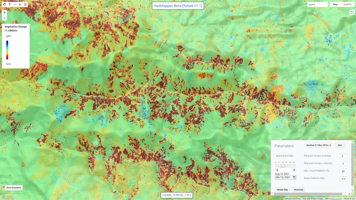 A quick comparison of mapping landslides (August 2021 Nippes EQ in #Haiti) in the original HazMapper compared to the beta v1.1 which includes moving from TOA to SR Sentinel data and some additional cloud filtering techniques.

#googleearthengine #gee #bigdata #naturalhazards