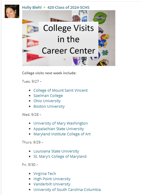 Check out the line up of visits this week!  Don't forget to register in Naviance and PRINT your "See Details" confirmation to use as your hall pass to attend.