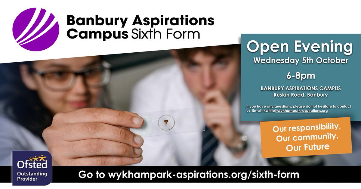 bacsixthform's tweet photo. Come along to our Open Evening on Wednesday 5th October 6-8pm to learn more about our outstanding Sixth Form and how you can shape your future. #sixthform #banbury https://t.co/mOWFbOH4aG