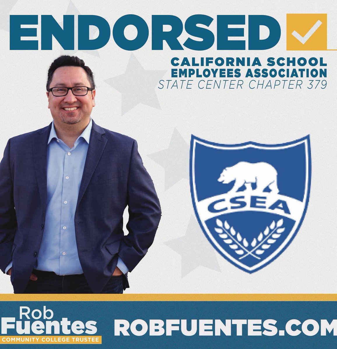 RobFuentesCA's tweet photo. Thrilled to announce I’ve received the endorsement of @CSEA_Now State Center Chapter! CSEA represents classified employees across the district, who perform the essential work that keeps our community colleges running. https://t.co/6UxHzkprbo