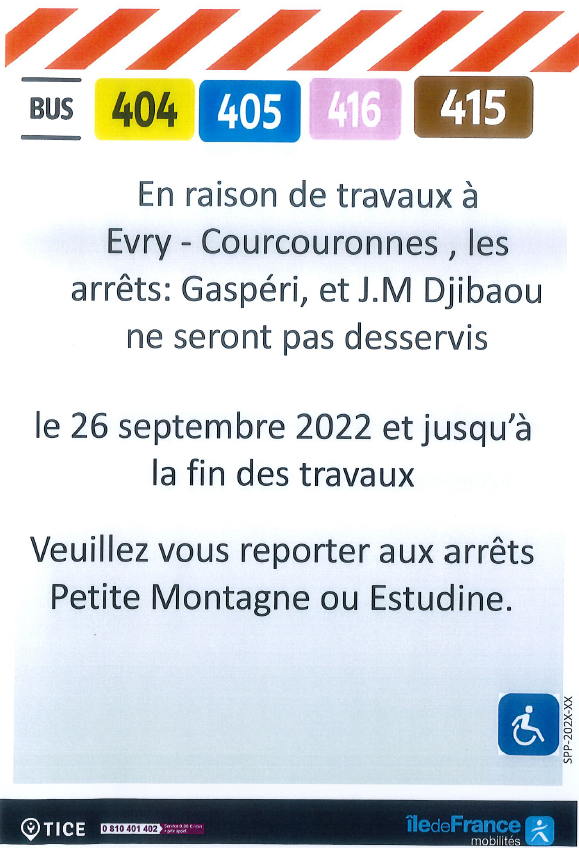 EvryEss_IDFM's tweet photo. #InfoTrafic Suite à des travaux, les arrêts Gaspéri, et J.M. Djibaou ne seront pas desservis par les lignes #bus404, #bus405, #bus415 et #bus416 le 26/09/2022 jusqu'à la fin des travaux. Bonne soirée! https://t.co/RJkoWMu6EH