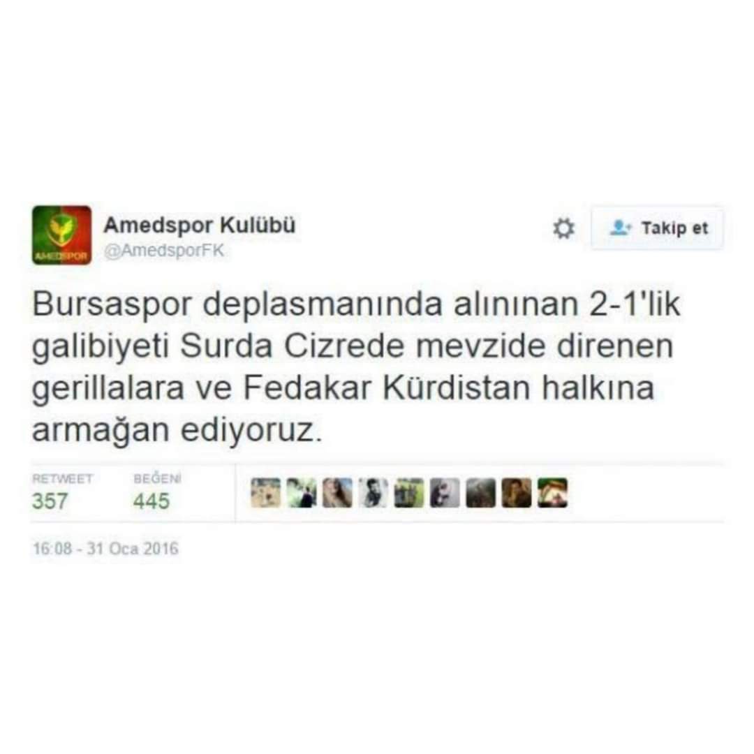 Dün akşam oynanan Bursaspor Amed maçında sahaya birden fazla yabancı madde atıp Can güvenliğimiz tehlikede olan bu maçta terör propagandası yapan ve paçavraları sokan takım kapatılsın #amedsporKAPATILSIN <a href="/suleymansoylu/">Süleyman Soylu</a> <a href="/RTErdogan/">Recep Tayyip Erdoğan</a> <a href="/TC_icisleri/">T.C. İçişleri Bakanlığı</a> <a href="/EmniyetGM/">Türk Polis Teşkilatı</a>
