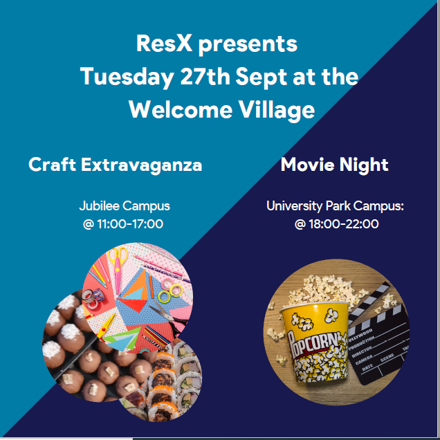 UoNResX's tweet photo. ResX presents at the Welcome Village at Jubilee a Craft Extravaganza - Chocolate Tasting🍫 &amp; Sushi Making🍣with a chance to get creative with some crafting.
Then it's Movie Night in the Welcome Village on Unviersty Park 🎬 https://t.co/1OqPCr7T8P