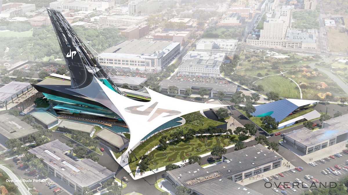 Dexerto's tweet image. YouTube group Dude Perfect reveals plans for an HQ that features a 330-foot tower