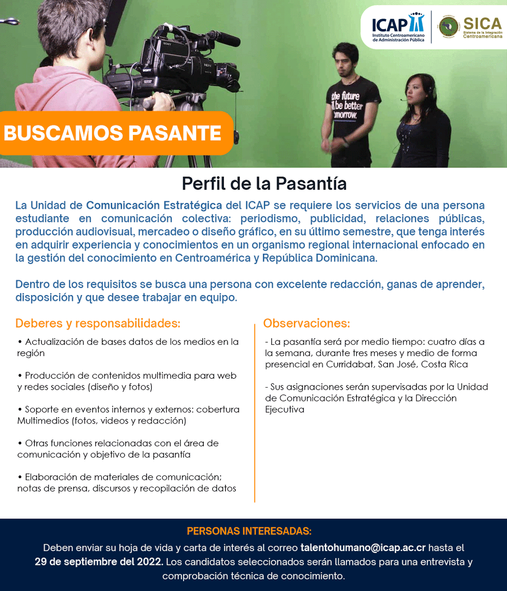 icap_1954's tweet photo. 📢 Buscamos pasante para la Unidad de Comunicación Estratégica que desee ganar experiencia. 📢

🗓️ Hasta el 29 de setiembre 
📩 talentohumano@icap.ac.cr https://t.co/dQkdjWzMgi