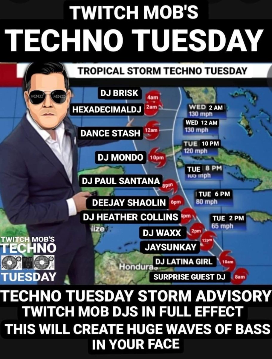 jaysunkay's tweet photo. Tropical Storm Techno Tuesday in full effect! Hitting land and chasing the beats on https://t.co/4HmpaKuHWi at 12pm EDT / 9am PDT / 4pm UTC / 5pm BST #jaysunkay #stereophonictonic #twitchmob #technotuesday #breakbeats https://t.co/ViLpBQd1u6