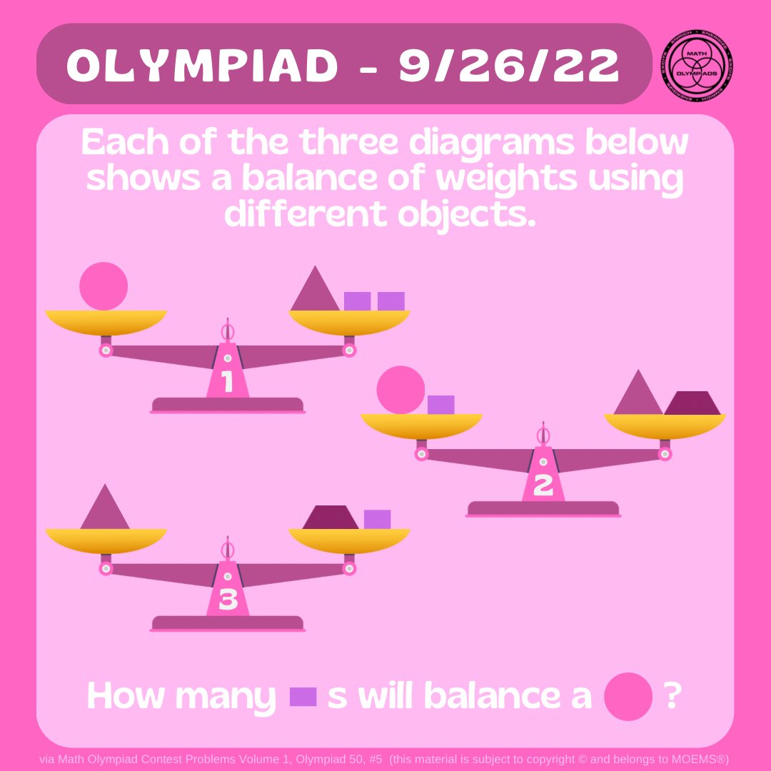 Here is our MOEMS® Problem of the Week 9/26/22. (via Math Olympiad Contest Problems, Volume 1, Olympiad 50, #5) #math #mathproblem