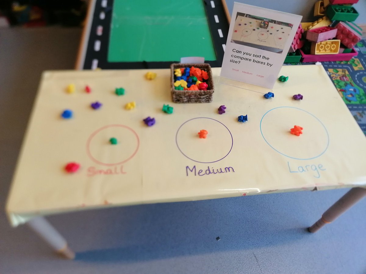 MissSharrard's tweet image. Some of the table tops in nursery this week. Two based on our story this week Lulu's first day,  one about sizes and one about colours. @winston_way @