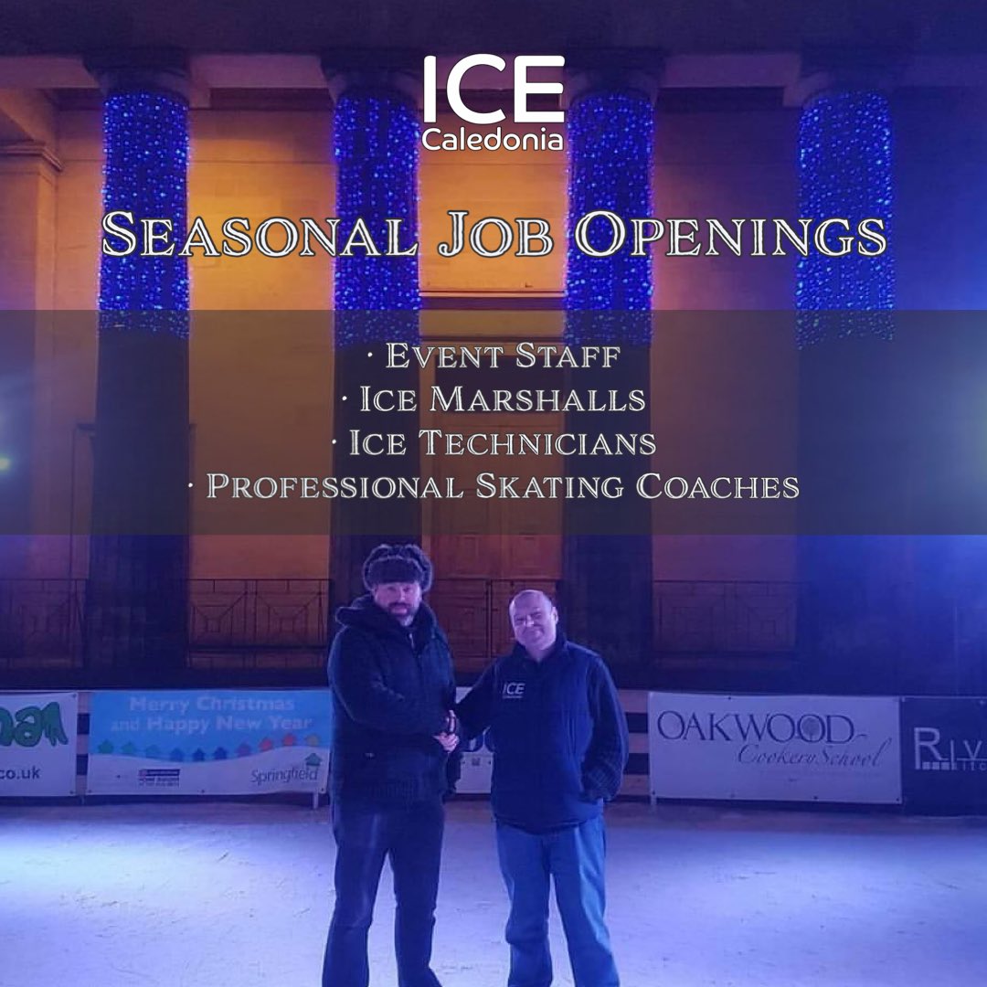 icecaledonia's tweet photo. Seasonal Job Openings: Event Staff - Ice Marshalls - Ice Technicians - Professional Skating Coaches. Locations in: Tyne and Wear, North Yorkshire, Suffolk and Lanarkshire. Email us for more details. e: info@icecaledonia.com #wintericerinks #outdooricerinks #seasonaljobs https://t.co/PqYaBWEqMg