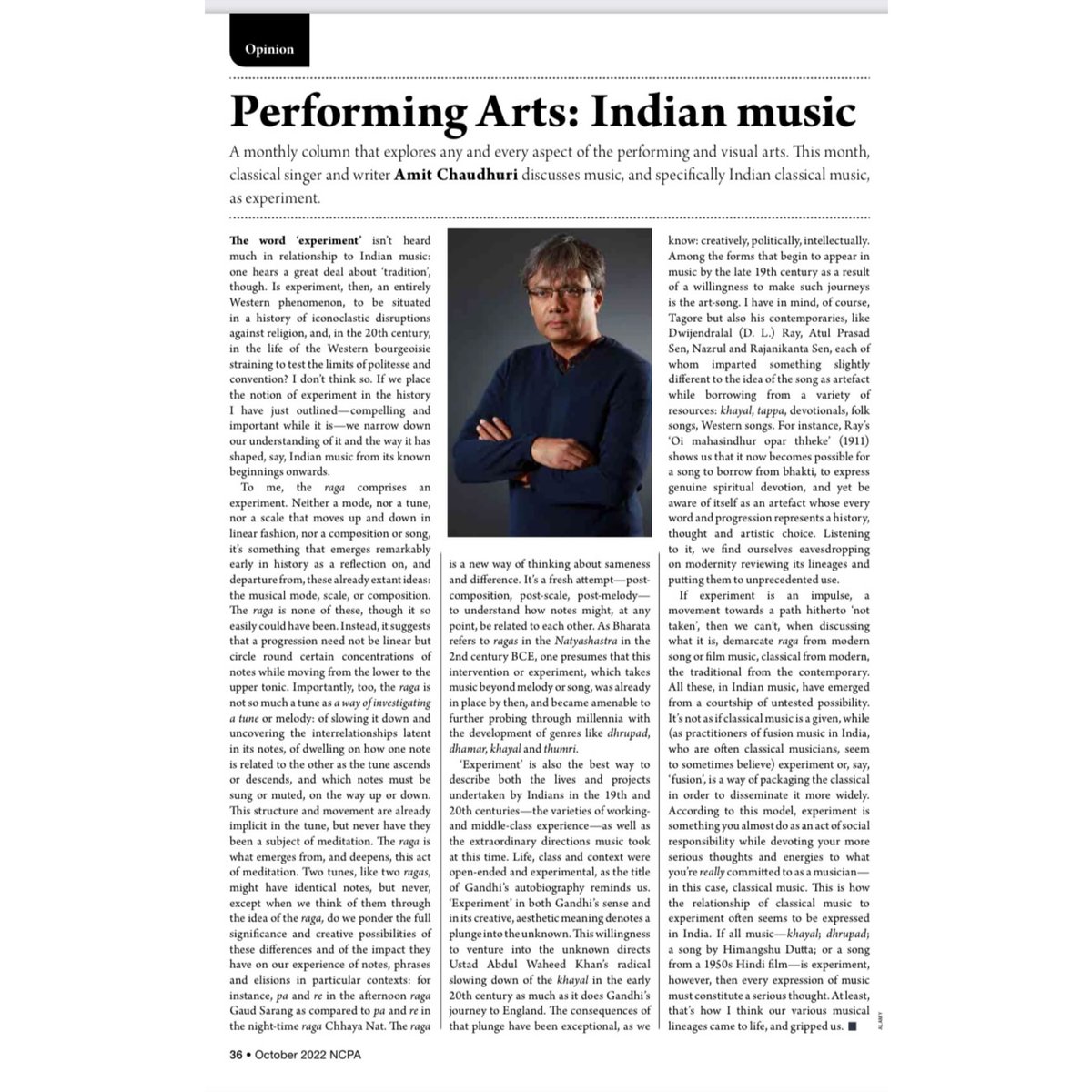 AmitChaudhuri's tweet photo. On Stage, the magazine of the National Centre of Performing Arts, Bombay, asked me to write something for their monthly column on music. I thought I’d write about experiment.

@NCPAMumbai https://t.co/p7mgSLhrBR