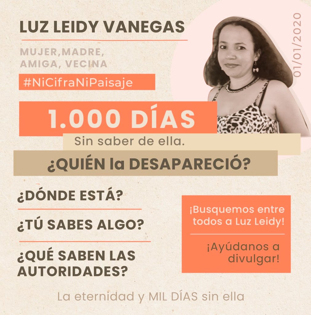 YoYerar's tweet photo. Han pasado 1000 días desde la tarde del 1⁰ de enero de 2020 cuando Luz Leidy salió de su casa y no pudo regresar,
la desaparecieron
¿Que pasó con ella?
¿Por qué las autoridades nunca la encontraron?
#AyúdanosAEncontrarla 
#LaEternidadyMilDias
#NiCifraNiPaisaje
#LuzLeidy https://t.co/kVojWfMge8