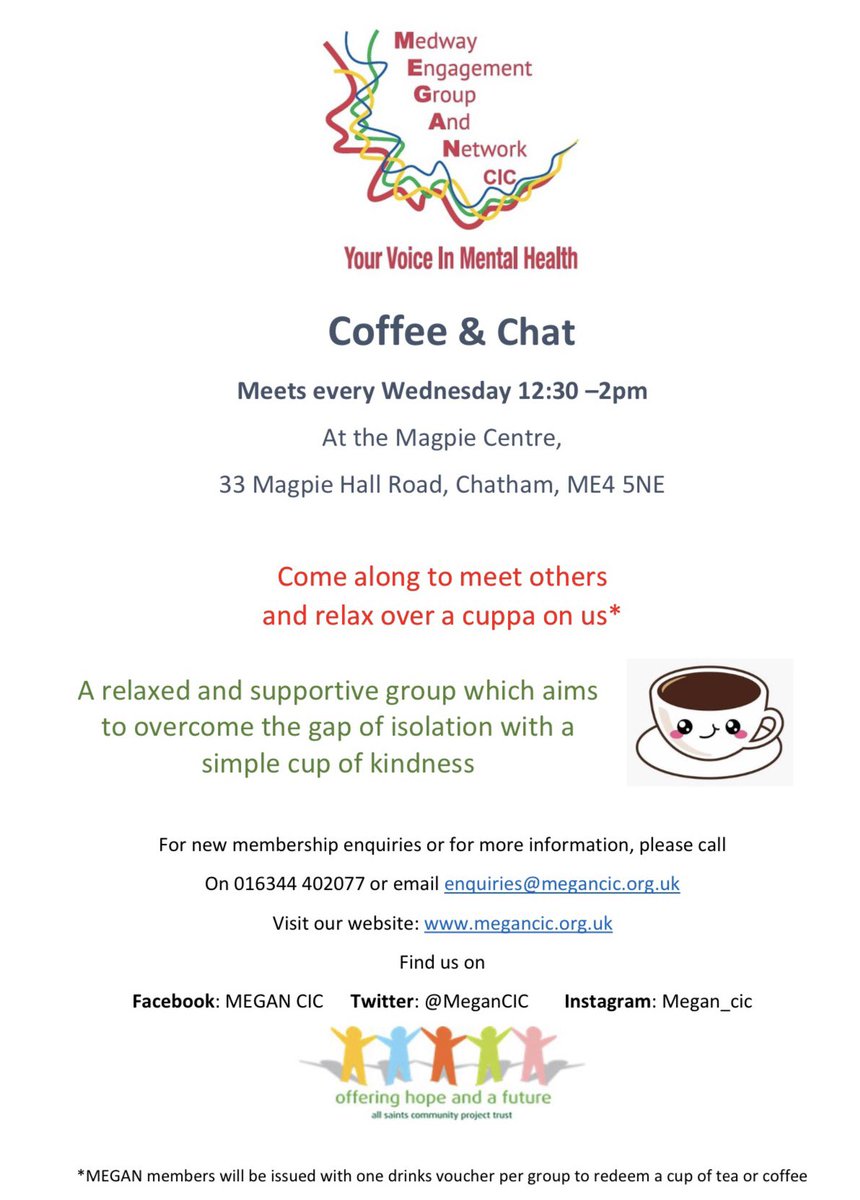 Hi All,

Just a reminder that coffee and chat will be on Wednesday at 12.30pm-2pm at the Magpie Centre (address can be found on the poster)

Everyone welcome and the first cuppa is on us!

We hope to see you there!