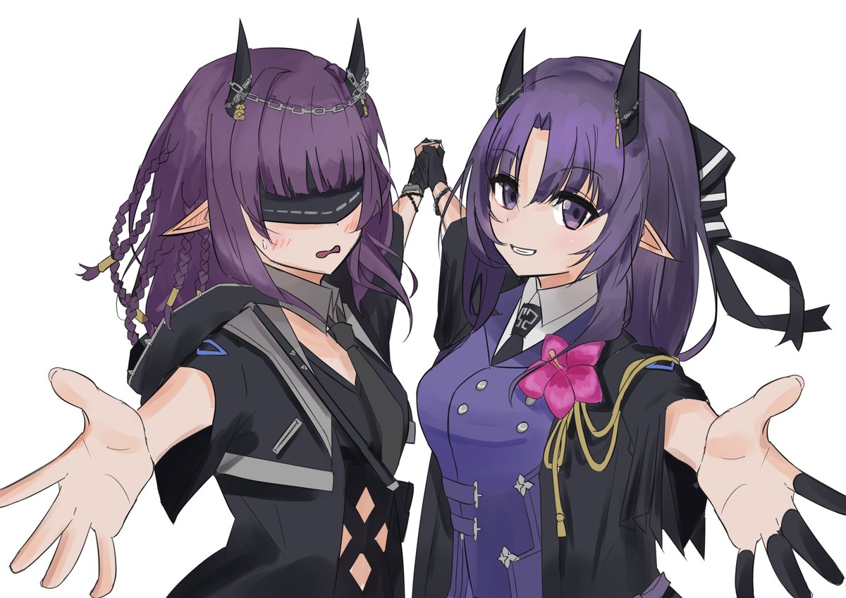 multiple girls 2girls horns purple hair pointy ears white background simple background  illustration images
