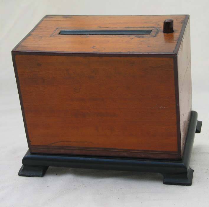 EmeryWalker_org's tweet photo. It's another #MysteryMonday! What do you think this #satinwood box, mounted on an #ebonised base, was used for? (Hint: it has a button-operated spring mechanism for loading &amp; emptying the #box).

#MuseumfromHome #Collection #GuessingGame #MysteryObjects #Educational #Learning https://t.co/g1IUz1vOAV