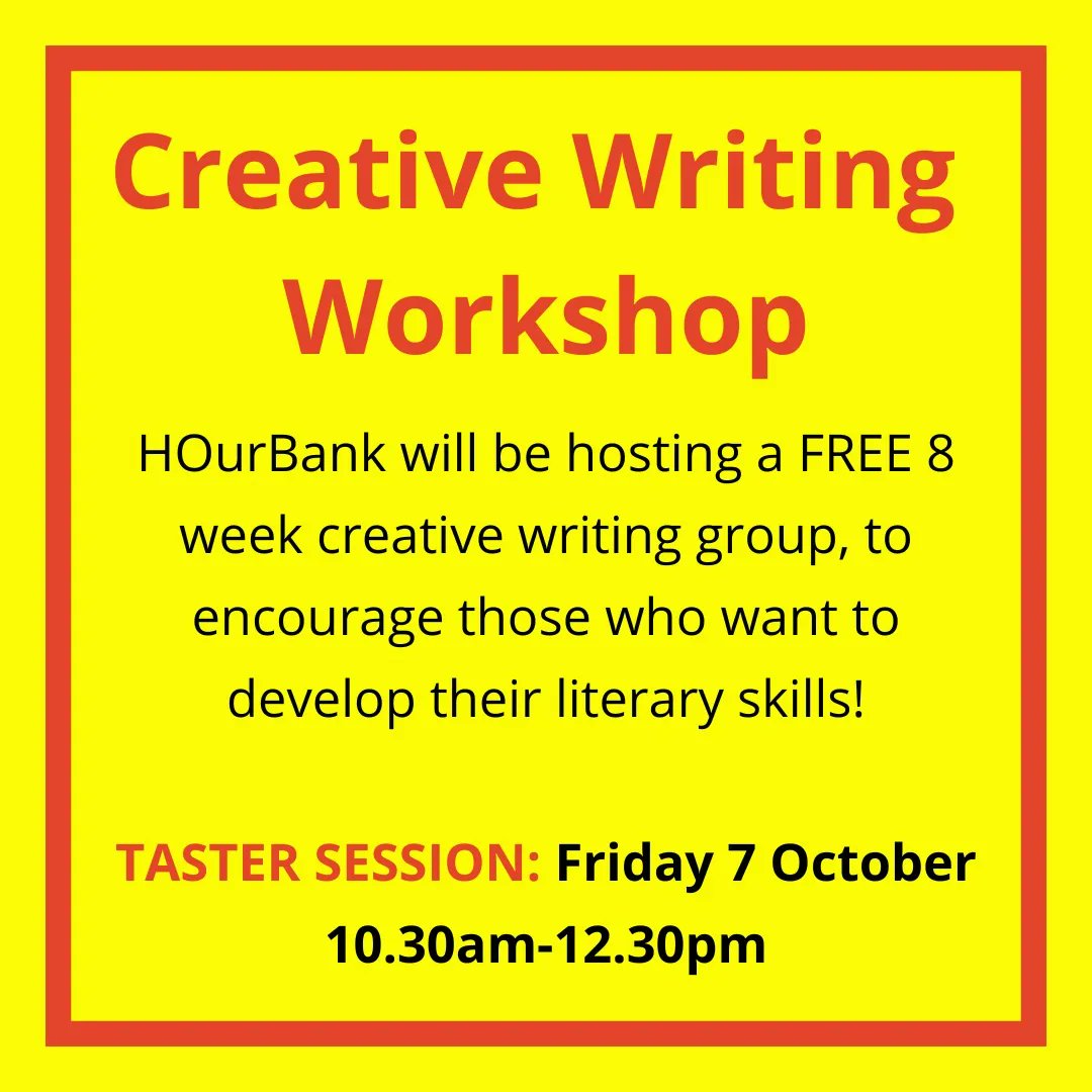 Pecan121a's tweet photo. HOurBank will be hosting a FREE eight week creative writing group. The taster session will be on Friday 7 October from 10.30am-12.30pm at Pecan, 121a Peckham High Street. The sessions will be led by Peter Aleksin.
For more details please email: hourbank@pecan.org.uk https://t.co/y4Cx8gTLaD