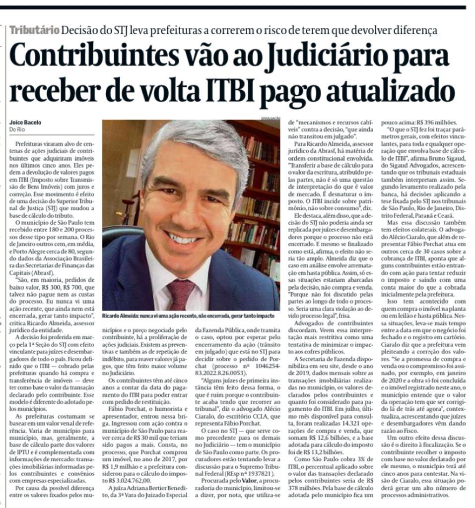 Abrasf's tweet photo. 📰Na MÍDIA | O @valoreconomico mostrou que as #prefeituras viraram alvo de ações judiciais de #contribuintes que pedem a devolução de valores pagos em #ITBI, com juros e correção. Na matéria, o assessor Jurídico da #Abrasf, Ricardo Almeida, destaca os impactos da ação. https://t.co/l8JXjszVX6