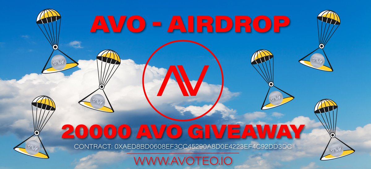 New Airdrop: Avoteo Airdrop
Reward: 10 AVO tokens
Distribution date: 30 October, 2022

🔗Airdrop Link: t.me/AvoteoAirdrop_…

 - Complete all tasks of the airdrop
- Submit your BSC wallet address
- For 1,000 Random Lucky participants

- Per valid referrals get 2 AVO tokens
