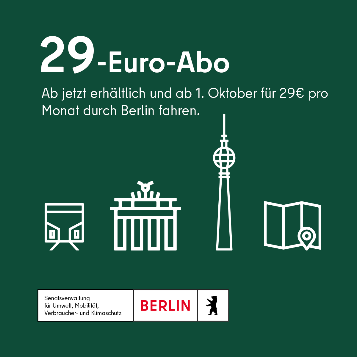 Ab sofort ist das #29Euro-Abo erhältlich 🚇💚. Das Abo kann ab 1.10. in ganz Berlin in den Tarifbereichen AB genutzt werden, entlastet Bürger*innen & schafft Anreize für klimafreundliche Mobilität. Mehr Infos unter 👉 vbb.de/tickets/abonne…