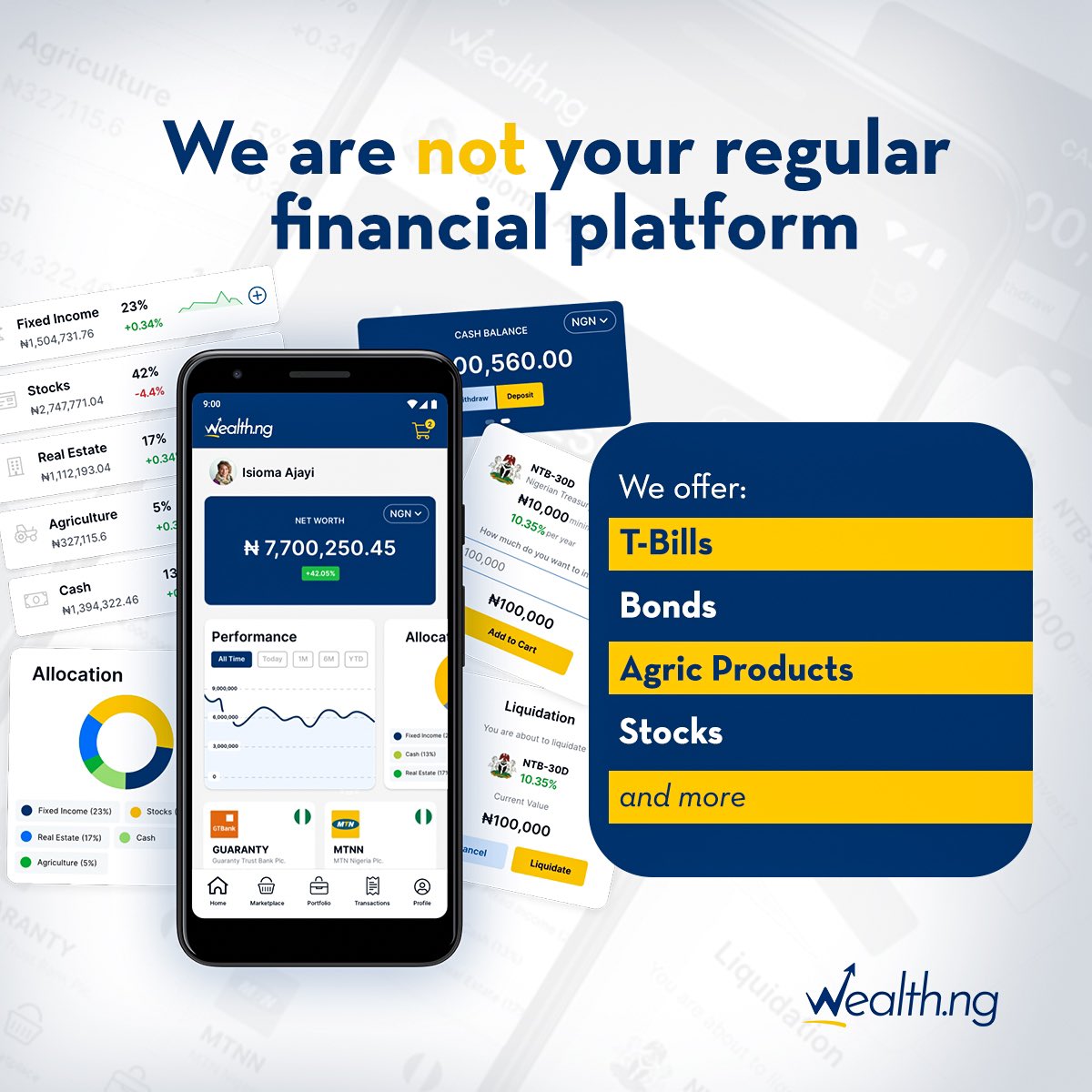 WealthNG's tweet photo. https://t.co/1mMFXTNWmk offers you a variety of asset classifications such as Stocks, Bonds, Eurobonds, Wealth Cash, etc. and allows you to trade directly in the Nigerian Stock Exchange Market. https://t.co/EKArQCBBXB