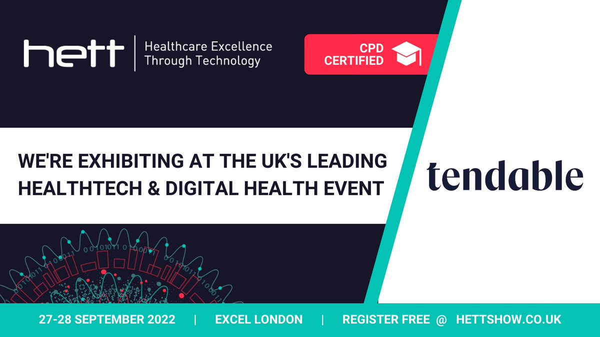 WeAreTendable's tweet photo. Join Tendable at the @HETTShow on 27-28th Sept’ 22 for a day of #CPD certified #digitalhealth content &amp; innovation!

Come see us for demos of our latest product releases and find out how we can support you.

Tendable will be at stand C34 - see you all soon💙

#HETT22 #Health https://t.co/xynndhjkgT